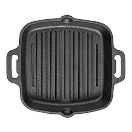 Highkind Pre-Seasoned Cast Iron Grill Pan (10.5 Inches) Square Grill Frying Pan with Short Double Handle