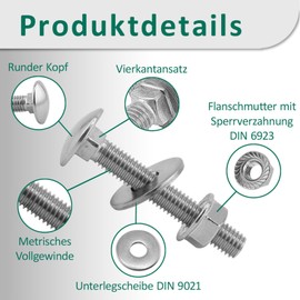 DSM - Carriage Bolts M6 x 120 mm DIN 603 - M6 Flange Nut with Locking Toothing DIN 6923 & Washer DIN 9021 - A2/V2A Stainless Steel - Round Head Screws - Hex Nut - Pack of 2