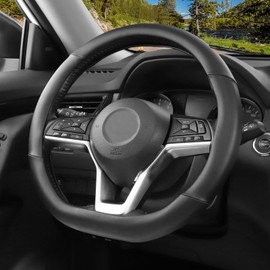 SEG Direct Flat Bottom Steering Wheel Cover, D Shaped Car Wheel Cover 14 1/2-15 in. (37-39 cm), Black Microfiber Leather