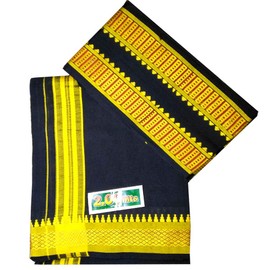 Stylesindia Cotton Single Layer Colored Dhoti 1.8 Meters Length Lungi Sarong with Resham/Zari Designer Border Angavastram, Black, One Size