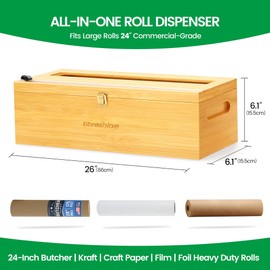 Libreshine 24" Bamboo Paper Roll Dispenser with Sliding Cutter & Roller – Fits Butcher, Kraft, Freezer Paper, Foil & Plastic Wrap – Heavy-Duty Kitchen & Restaurant Organizer