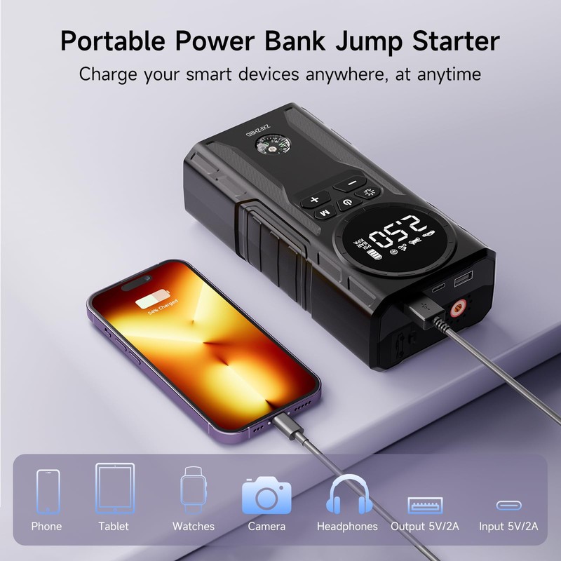 Portable Jump Starter Car Battery Booster with Air Compressor 12V