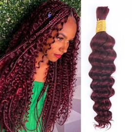 Human Braiding Hair for Boho Braids Burgundy Deep Wave Bulk Human Hair for Braiding 20 Inch 1 Bundle 50G #99J Wet and Wavy Curly Red No Weft Bundles