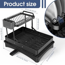 Dish Drying Rack for Kitchen Counter, 304 Stainless Steel 2 Tier Dish Rack w Drainboard, Utensil Holder, 360° Rotatable & Expandable Drainer, Space-Saving Foldable Dish Drainer Rack for Kitchenware
