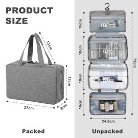 Hanging Travel Wash Bag, Foldable Wash Bag, Large Storage Space, Waterproof Makeup Cosmetic Organiser with Hooks & Multiple Compartments, Toiletry Bag for Men and Women with Travel Accessories, gray
