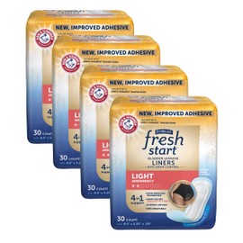 FitRight Fresh Start Liners for Women, Now with Stronger Adhesive, Incontinence, Bladder Leak, and Postpartum Pads with The Odor-Control Power of ARM & Hammer, Light Absorbency (30 Count, Pack of 4)