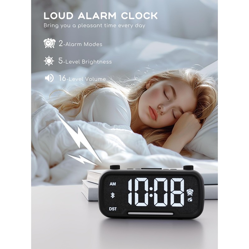 Radio Alarm Clock Besides with Bluetooth Speaker and Night Light,