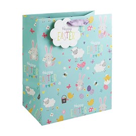 Cute Easter Characters Chicks Bunny Gift Bag With Wide Gusset for Easter Eggs and Happy Easter Gift Tag Large Size