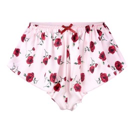Satini Women's Satin Fluted French Skirt Shorts Knickers Briefs Panties (Baby Pink - Red Roses, XL)