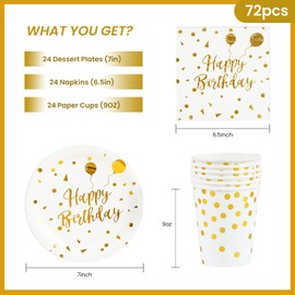 Pack of 72 Birthday Party Tableware, Happy Birthday White Gold Birthday Party Tableware Cups Napkin Paper Plates Set for Girls Children Table Decoration 24 Guests