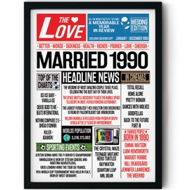 Stuff4 35th Anniversary Poster Framed - Married In 1990 Newspaper - Happy 35th Wedding Anniversary for Men Women Vintage Gifts Retro Back In 1990, 8x10 Inch Thirty-Fifth Anniversaries Posters
