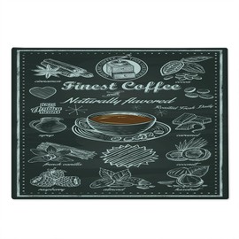 Lunarable Coffee Cutting Board, Cafe Items with Almond Caramel Coconut Hazelnut Raspberry Finest Coffee Theme, Decorative Tempered Glass Cutting and Serving Board, Large Size, Black Brown