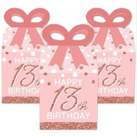 Big Dot of Happiness 13th Pink Rose Gold Birthday - Square Favor Gift Boxes - Happy Birthday Party Bow Boxes - Set of 12