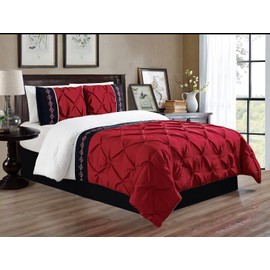 Grand Linen 3 Piece Full Size Burgundy Red/Black/White Double-Needle Stitch Puckered Pinch Pleat All-Season Bedding-Down Alternative Embroidered Comforter Set