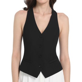 V VOCNI Women Vest Racerback Button Down Waistcoat Fashiona Casual Dress Suit Vest Top Black Medium