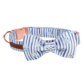 Unique style paws Dog Collar with Tie Blue Strip &Flower Puppy Collar Comfy Soft Bowtie Dog Collar Best Gift for Small Medium Large Dogs-L