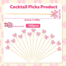 BOXOB 100pcs Pink Bow Cocktail Picks, 4.92in Toothpicks Wooden Food Swizzle Sticks Bowknot Cocktail Topper Bow Appetizer Skewers for Fruit Drink Dessert Wedding Bachelorette Party Decoration Supplies
