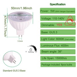 ukzboss Mr16 led Bulb 120V Dimmable 5w 6000K Cool White 38 Degree gu5.3 spot Light Bulb 40w 50W Halogen Replacement for mr16 Tracking Light Fixture (6000K Cool White, 6pcs Bulbs)