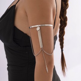 Inateannal Punk Arm Cuff Upper Arm Bracelet Gold Leaf Watch Chain Tassel Bracelets Open Bangle Bracelets Jewellery for Women Girls, Metal