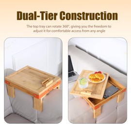 AyuHome Couch Arm Table Tray - Premium Bamboo Sofa Armrest Clip-On with 360° Phone Holder, Non-Slip Portable Tray for Remote, Snacks, and Drinks 4 Legs