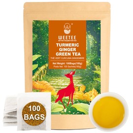 WT WEETEE Turmeric Ginger Green Tea Bags, 100 Count Made Turmeric, Ginger Root, Cinnamon and Honey Flavoring, Natural Caffeine-free Spice Tea