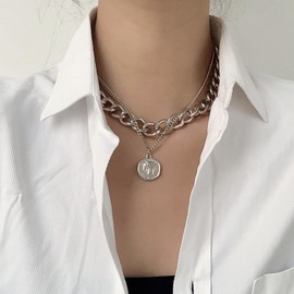 Inateannal Layered Cuban Chain Necklace Chunky Link Choker Necklace Silver Coin Disc Pendant Necklace Punk Cuban Link Curb Necklace Vintage Medallion Coin Necklace Chain