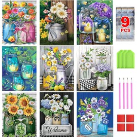 9 PCS Pintura Flores De Diamantes Paquete 9 Pinturas Diamantes, Kits Pintura De Diamante 5D para Adultos y Niños, Accesorios Pinturas Diamante, Kits Arte Manualidades