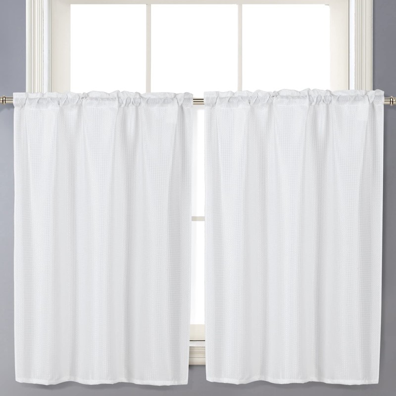 Home Queen White Waffle Bathroom Window Curtains, Water Repellent Rod