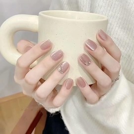 24 Pcs Cat Eye Press on Nails Short Square Fake Nails Nude Pink Full Cover False Nails with Rhinestone Designs Glitter Stick on Nails Artificial Nails for Women Girls Decorations Manicure