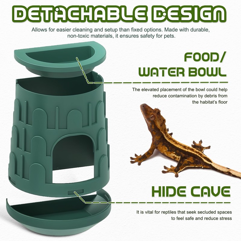 Fischuel Wall Mount Reptile Hide Cave with Food Bowl for