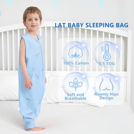 LAT Baby Sleeping Bag with Feet, 0.5 Tog, 100% Cotton Baby Summer Sleeping Bag, Soft and Breathable Baby Sleeping Bag with Legs and Pockets for Children, Blue Dinosaur, M