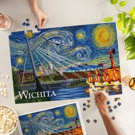 Lantern Press Made in USA Puzzle for Adults - 1000 Pieces, Reference Poster, Premium Box, Wichita, Kansas, Starry Night