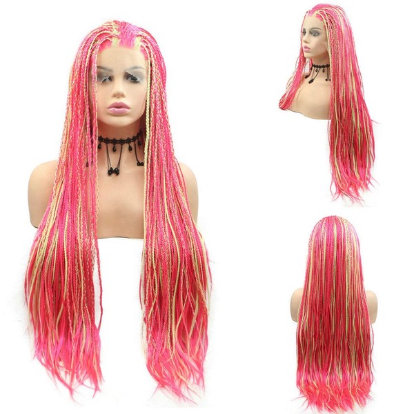 Afro America in Box Braided Natural Light Pink Mixed Pastel Blonde Synthetic Lace Front Handmade Braids Party Holiday Wig