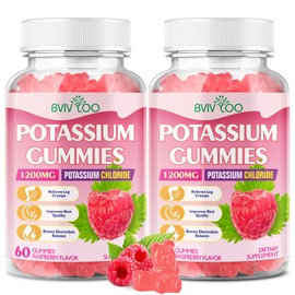 Sugar Free Potassium Gummies for Adults with 1200mg Potassium Chloride - Supports Muscle Health & Leg Cramps, Raspberry Flavor, 60 Gummies