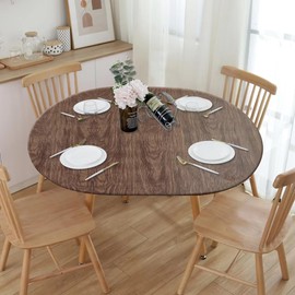 NLMUVW Oval Tablecloth Fitted Vinyl with Elastic Edge 100% Waterproof Oil Proof Super Elastic Table Cloth Wipe Clean Table Cover for Indoor and Outdoor, 42"- 65", Dark Wood
