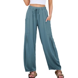 Duyang Women Linen Wide Leg Pants Casual Summer Palazzo Pants Beach Vacation Outfits Flowy Loose Trousers with Pockets(Blue,M)