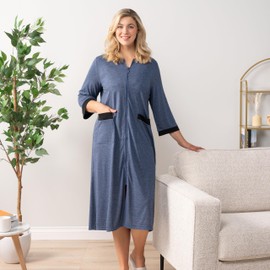PAVILIA Premium Womens Robe Housecoat, 3/4 Sleeves Zip Up Nightgown For Women with Pockets, Soft Bathrobe Zipper Loungewear Dress Sleepwear (2XL/3XL, Navy)