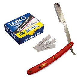 Classic Samurai Stainless Steel Professional Barber Straight Edge Razor with 100 Count Lord Single Edge Razor Blades (Red)