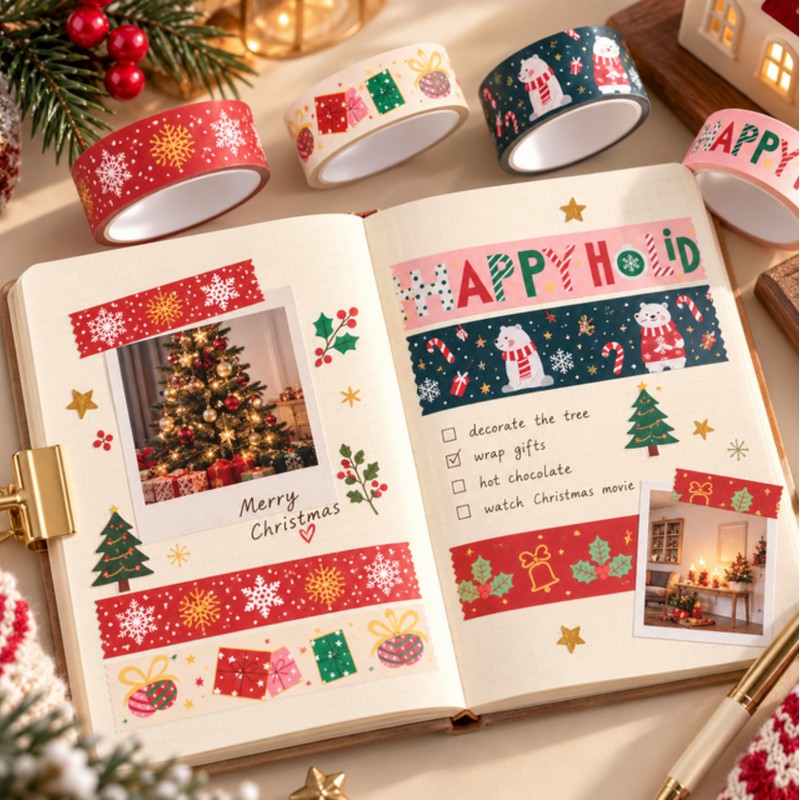 Christmas Masking Tape 12-Design Set, Gift Wrapping Journaling Decoration Deco