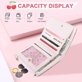 Sunwel Fashion Cherry Bow Prints Wallet Small Bifold Wallet with Zipper Coin Purse Card Holder ID Window for Women Girls (CHERRY BOW PINK)