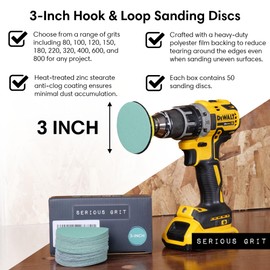 Serious Grit - 3-Inch 180 Grit Sanding Discs - Heavy-Duty Hook & Loop Film Discs - Sandpaper for Woodturning, Bowl Sanding & Power Tool Drill Attachment Sanding Pads - Pack of 50
