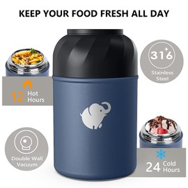 Thermo Food Container - Insulated Food Container with Foldable Fork& Spoon with Handle for Outdoors Indoors Office Picnic (Dark Blue, 17OZ)