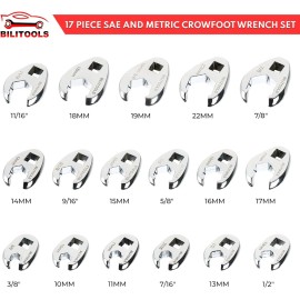 BILITOOLS 3/8 Drive Crowfoot Wrench Set 17 Pieces Metric And Sae Chrome Vanadium Steel
