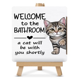 Cat Bathroom Decor - Welcome to the Bathroom a Cat Will Be With You Shortly Wood Sign with Easel Home Toilet Shower Room Restroom Desk Tabletop Shelf Tiered Tray Decorations