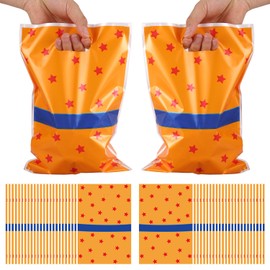 SAVITA 50pcs Anime Party Favors Goodie Bags, Plastic Yellow Blue and Red Stars Prints Cookies Candy Treat Gift Bags with Handles for Kids Boys Girls Cartoon Birthday Party Decoration Supplies