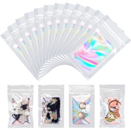 YunKo 100 Pack Holographic Mylar Bags for Food Storage Resealable Bags for Small Business(White, 2.4x3.9INCH)
