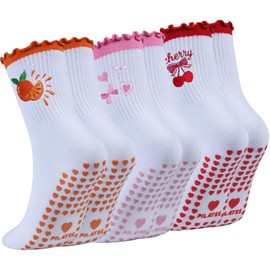 DASHUAIGE 3/6 Pairs Pilates Grip Socks, Yoga Non Slip Crew Socks for Girls, Fruits Patterns Embroidery Ballet Socks for Women (Pink+Red+Orange)