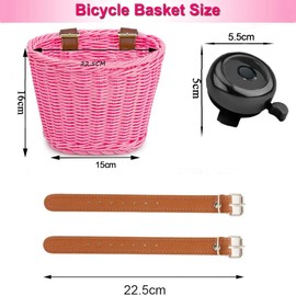 CEASELESLY Children's Bicycle Basket, Handlebar Basket, Woven Mini Bicycle Basket, Bicycle Basket Girls Front, with 2 Adjustable Leather Straps, Bicycle Bell, for Bicycle, Balance Bike, Front Basket