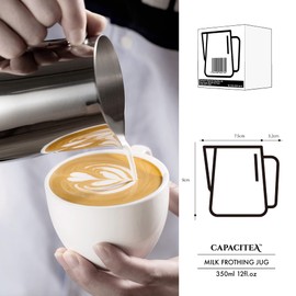 CAPACITEA Stainless Steel Milk Frothing Jug, 350ml 12fl.oz Milk Pitcher Handheld with Measurement for Making Latte Cappuccino at Home