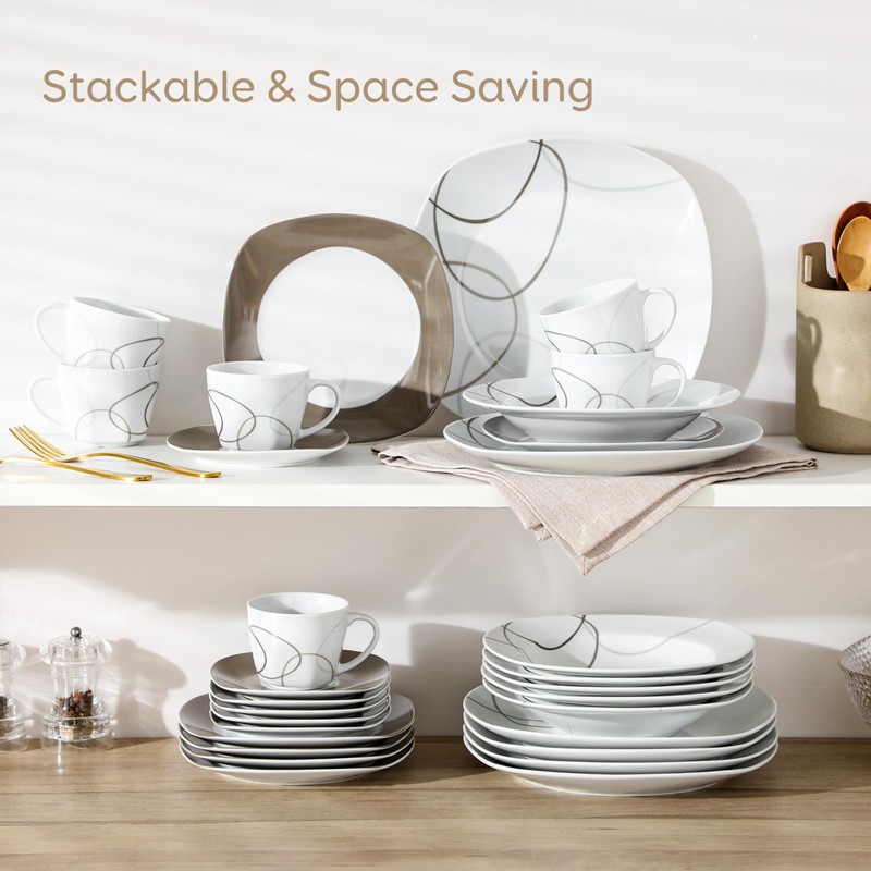 VEWEET 'Nikita' 30-Piece Dinner Set Ivory White Brown Lines Porcelain